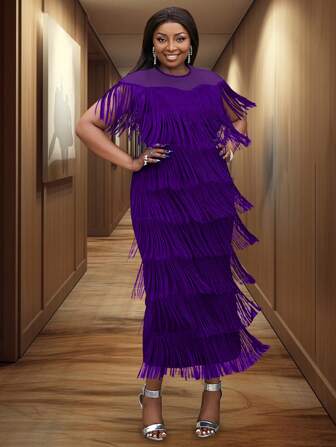 Women Purple Fringe See Through Top Cap Sleeve Festival Party Tassel Dresses Midi Length