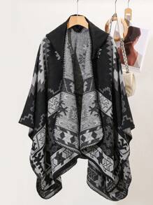 1pc Vintage Casual Geometric Pattern Hooded Cape Shawl - Multicolor - View 7