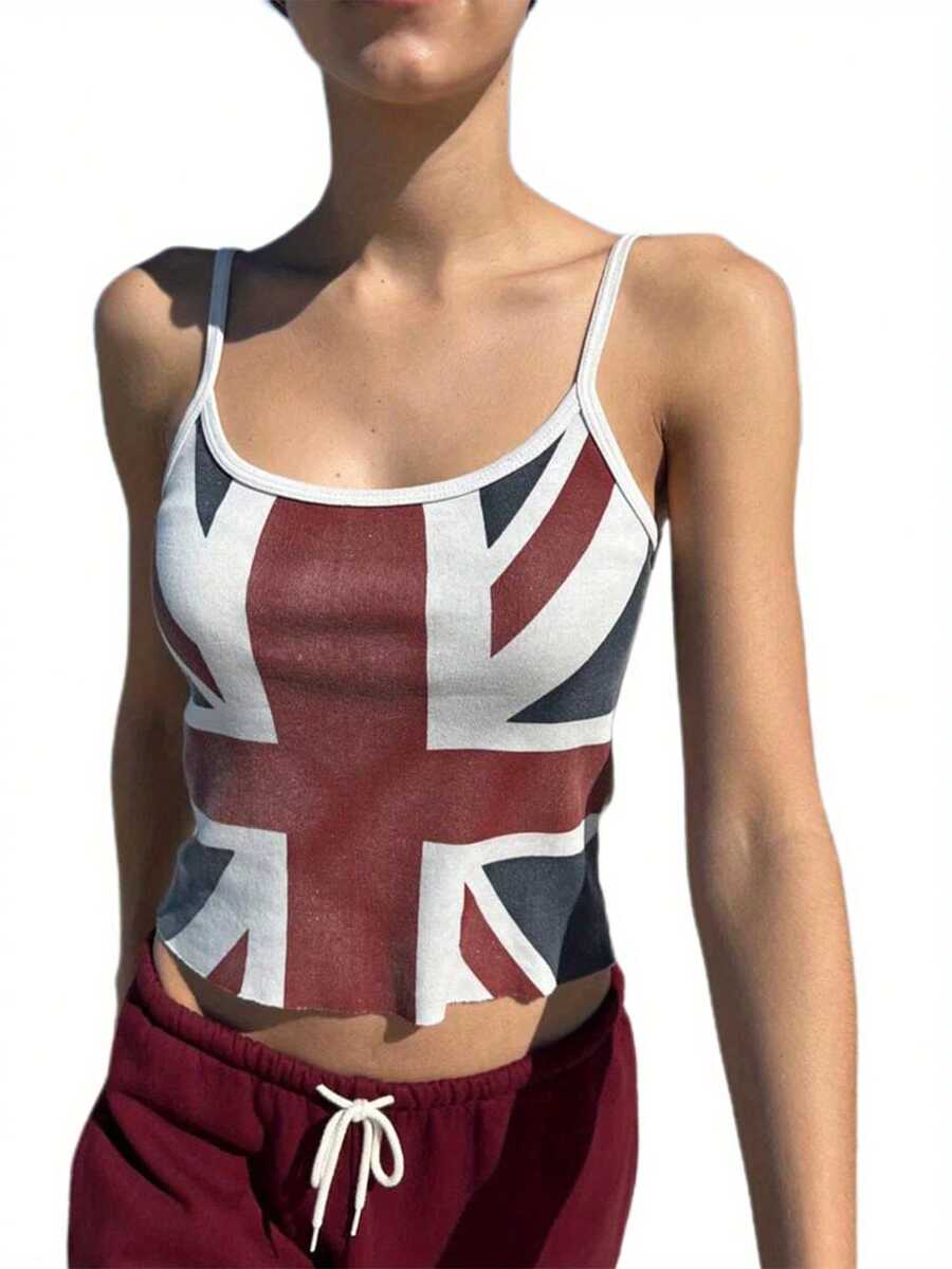 Women's Union Jack Print Camisole Summer Sleeveless Scoop Neck Crop Tank Tops Sexy Backless Slim Fit Cami Tops Y2K Streetwear - 白色 - 查看 1