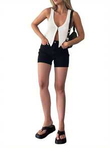 Women Crop Vest Tops Sleeveless Solid Color Casual Party Street Spring Fall Summer Waistcoat - Beige - View 4