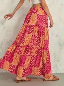 Women's Bohemian Skirts Vintage Elastic High Waist A-Line Skirts Tiered Long Skirts With Pockets - 黃色 - 查看 2