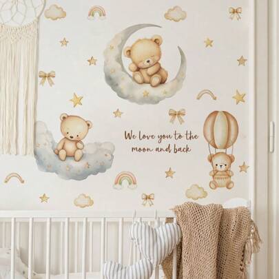 30x114CM Cute Cartoon Bear, Cloud, Moon & Star Wall Sticker, PVC Wall Decal Decoration For Home, Window, Birthday, Graduation Ceremony
