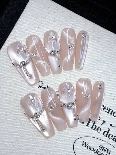 10 piezas de arte de uñas hecho a mano y utilizable, uñas acrílicas de punta francesa para aplicar, uñas postizas, uñas postizas cortas tipo "Kiss", uñas postizas Btartbox, suministros para uñas