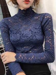 性感蕾丝长袖打底上衣，立领，修身，2024 年女士时尚冬装