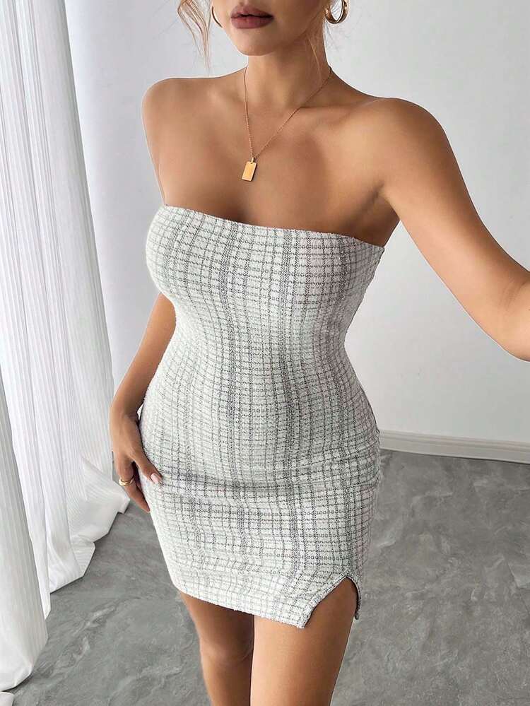 女士优雅、派对、青少年性感、格子露肩紧身连衣裙 - 米色 - 查看 3