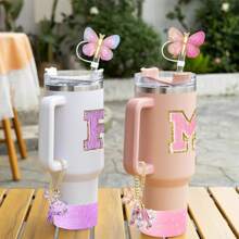 Cup Accessories Including Butterfly Straw Cap, Butterfly Letter Pendantwith Chain And Letter Sticker For Decorations