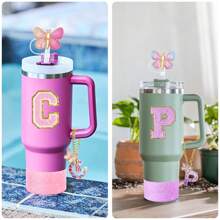 Cup Accessories Including Butterfly Straw Cap, Butterfly Letter Pendantwith Chain And Letter Sticker For Decorations