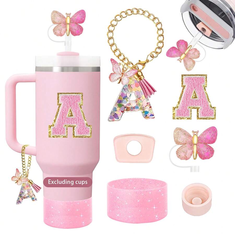 Cup Accessories Including Butterfly Straw Cap, Butterfly Letter Pendantwith Chain And Letter Sticker For Decorations
