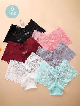 6PCS Women's Sexy Lace Mesh Underwear, Low Waist Hollow Out Triangle Panties