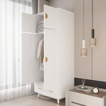 Density Board Pasted With Triamine, White, Golden Copper Feet, 4 Doors, 2 Drawers, With Clothes Rail, Wooden Wardrobe