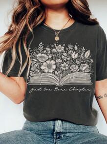 Blusa casual de cuello redondo y manga corta con estampado de libros y flores para mujer