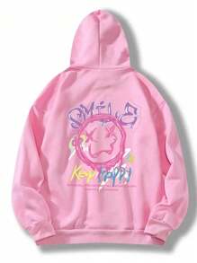 Capucha con estampado de dibujos animados y letra con bolsillo de canguro con cordón con forro térmico - Rosa - Ver 1