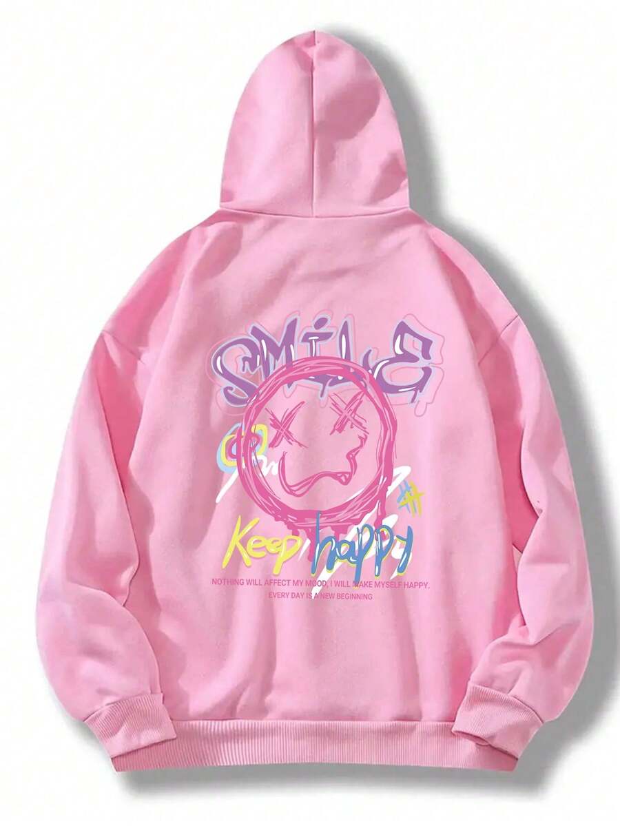 Capucha con estampado de dibujos animados y letra con bolsillo de canguro con cordón con forro térmico - Rosa - Ver 1