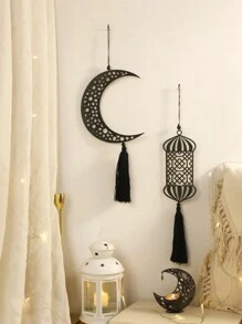 1pc Wooden Hollow Moon & Star Lantern - Hanging Decor, Wooden Ornament, Suitable For Room Decor, Home Decor, Kitchen Decor, Wedding Decor, Dining Table Centerpiece, Office Decor, Garden Decor, Outdoor Decor, Home Decoration, Wall Decor - Black - View 7