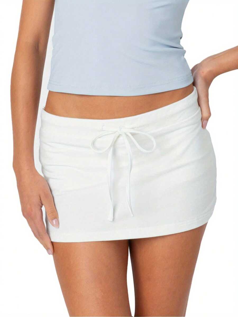 Women Drawstring Micro Skort Y2k Elastic Low Waist Bodycon Mini Skirt Mid Rise Short Sweat Skirts With Shorts - 白色 - 查看 1