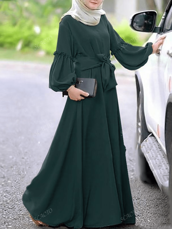 Scacto Solid Color Round Neck Lantern Long Sleeve Dress, Cinched Waist, Loose Fit, Can Be Worn Layered Or Alone, Modest