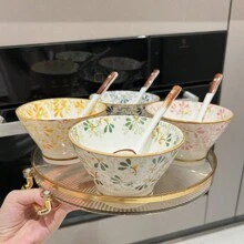 4件套陶瓷饭碗套装，带勺，花卉图案，适合用餐、火锅、烧烤、露营，也可作为礼物。适用于烤箱、微波炉和洗碗机。 - 彩色 - 查看 8