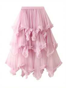 Women Layered Tulle Long Skirt, Fashion High Waist Solid Color Frill Trim Ruffle Midi Skirt