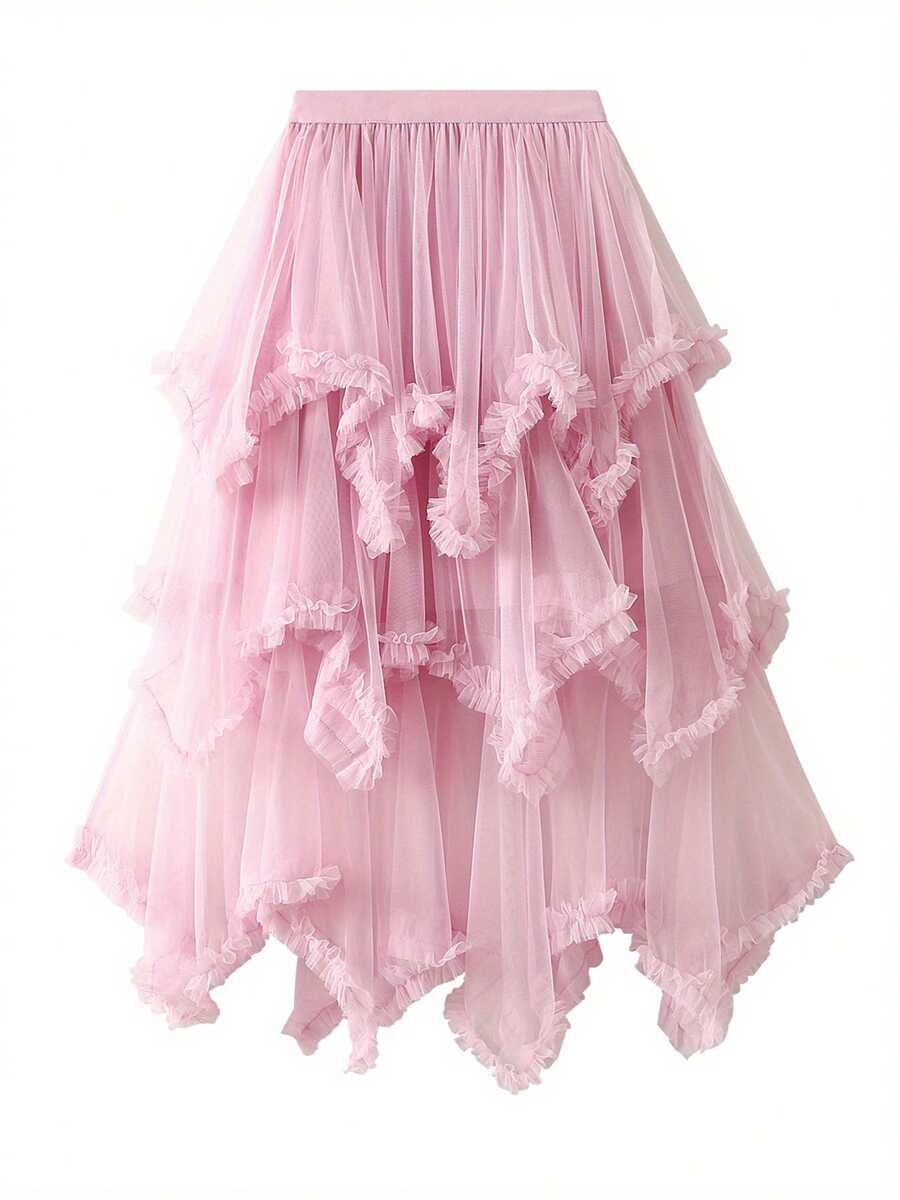 Women Layered Tulle Long Skirt, Fashion High Waist Solid Color Frill Trim Ruffle Midi Skirt