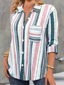 Plus Size Stripe Print Button Front Lapel Collar Shirt - Blue - View 3