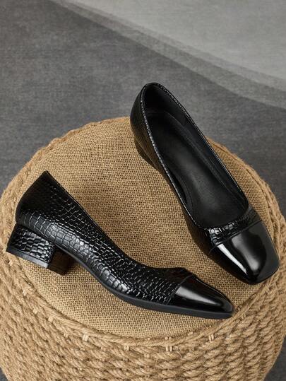 女士时尚拼色方头石纹一脚蹬高跟鞋，休闲复古百搭高端正装鞋，适合度假旅行户外购物