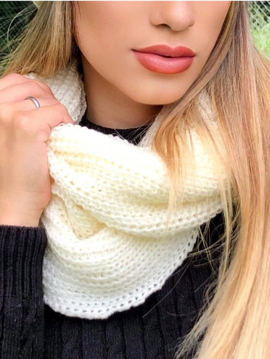 Knitted Collar Scarf Double Wrap Soft Wool Winter Fashion - White - View 1