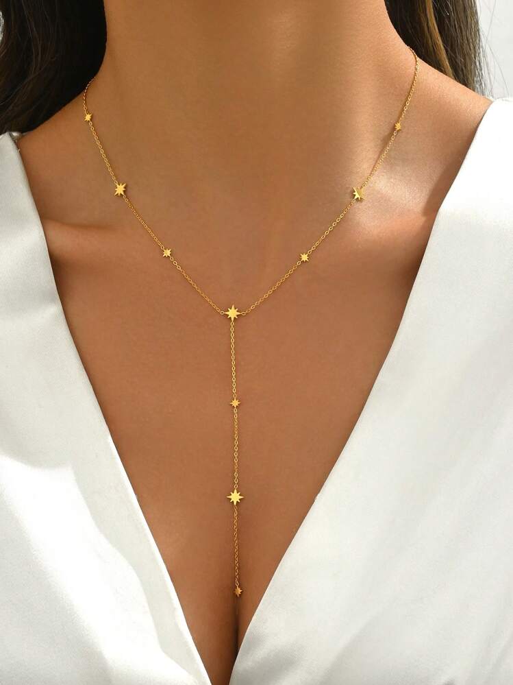 LIEBEIRIS 1 pièce Collier en acier inoxydable en forme de Y plaqué or 18 carats avec une étoile octogonale, convient pour un port quotidien et en cadeau
