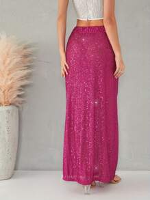 Women's Shiny Sparkly Sequin Maxi Skirt Glitter High Waist Stretchy Long Skirts Night Out Bodycon Party Clubwear - 玫紅色 - 查看 6