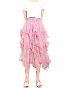 Women Layered Tulle Long Skirt, Fashion High Waist Solid Color Frill Trim Ruffle Midi Skirt