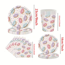 10 件甜甜圈成长派对用品甜甜圈纸质餐具套装，含盘子、杯子、餐巾，可容纳两人，甜蜜生日装饰品 - 彩色 - 查看 2