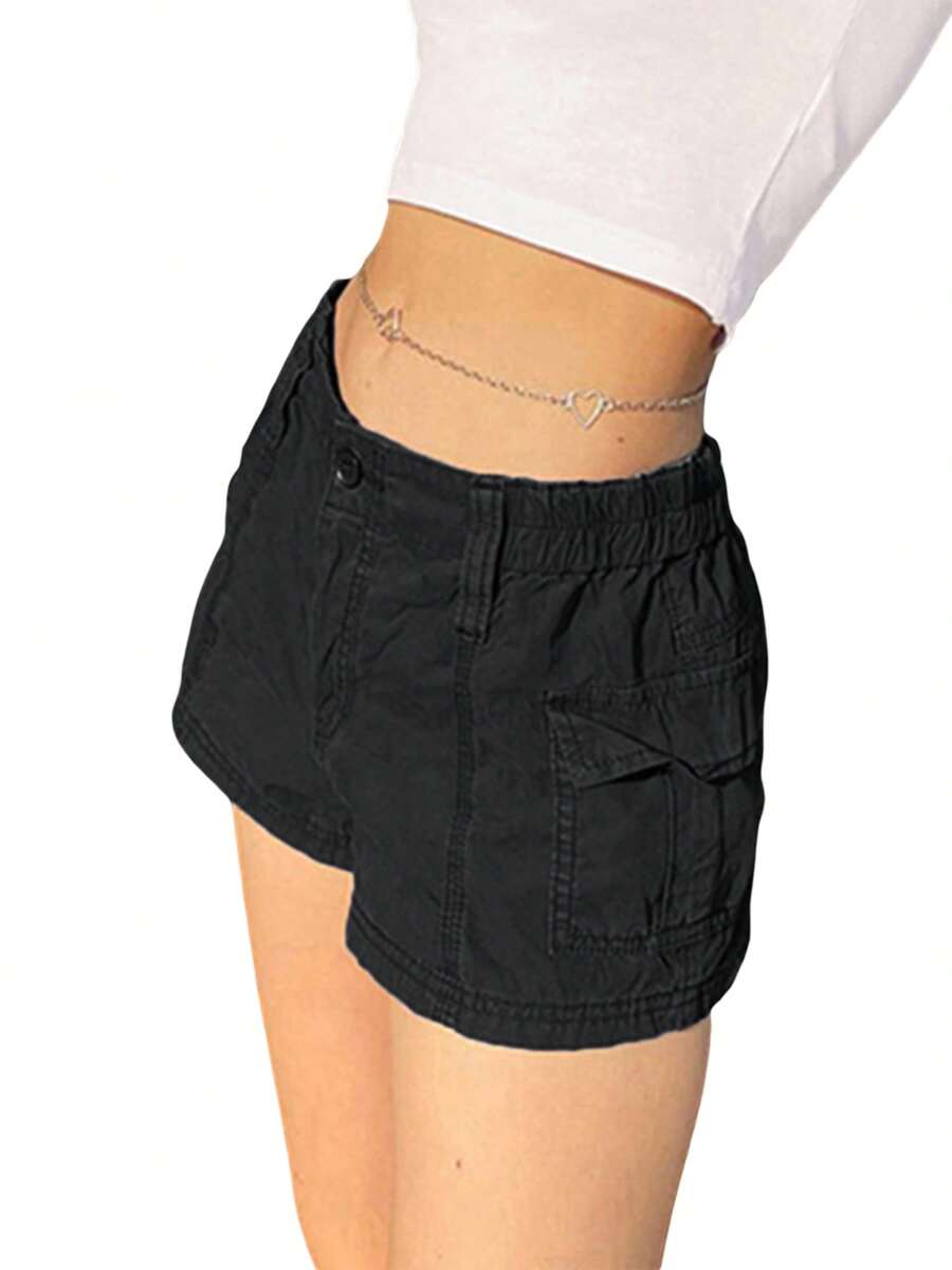 Pantalones cortos cargo de mujer de unicolor, vintage, elásticos, informales, de cintura baja, con bolsillos para el uso en discotecas y ropa de calle - Negro - Ver 1