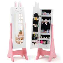 Lifezeal Kids Jewelry Cabinet Standing Children Jewelry Organizer With Full-Length Mirror White/Pink - White - View 1