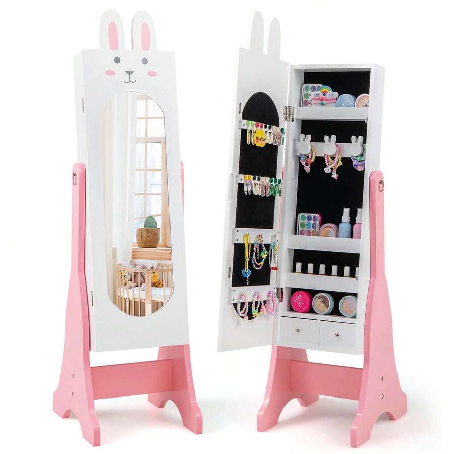 Lifezeal Kids Jewelry Cabinet Standing Children Jewelry Organizer With Full-Length Mirror White/Pink - White - View 1