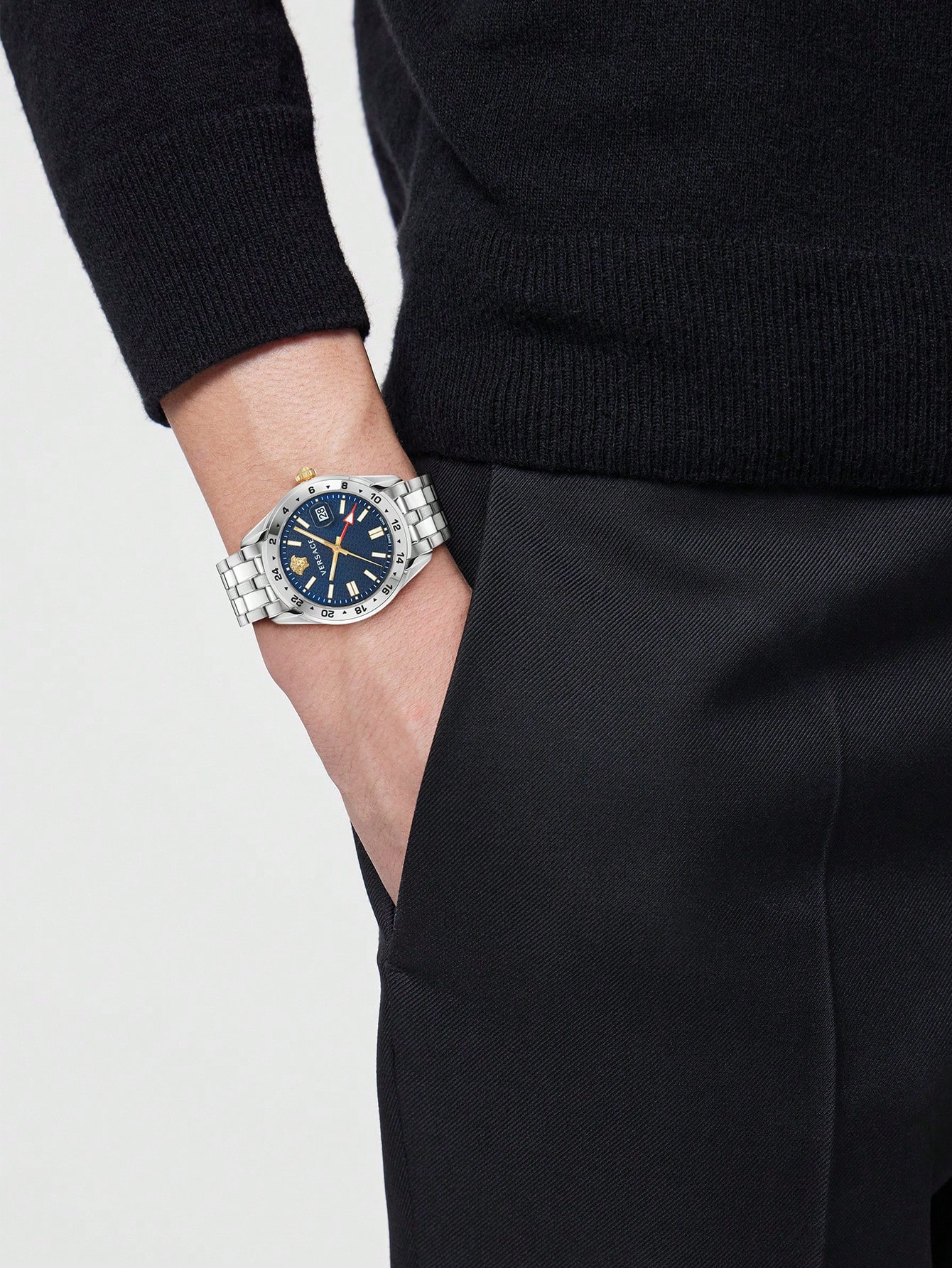 Greca Time GMT Quartz Watch For Men Bracelet Watch Men's Watches Stainless Steel, 41 Mm Blue Dial,Sapphire Crystal, VE7C00523