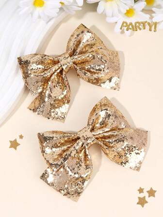 2pcs Sparkling Plain Hair Bows For Girls Gold Sequins Covered Bow Alligator Clips Party Dance Party Hair Clips Shiny Girls Pigtail Bows Barrettes Kids Hair Accessories