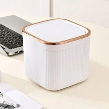 1pc Desktop Trash Can With Lid - White With Gold Trim - Removable Small Garbage Bin, Plastic Waste Basket, Easy Press Open Cover, Suitable For Bathroom, Office, Vanity, Coffee Table, Kitchen Table, Dining Table / Room, Bedroom, Bathroom, Kitchen - Gray Striped Trash Can - Multicolor - View 5