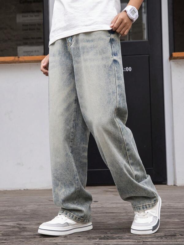 Adolescente Menino Adolescente Único Gato Bigode Jeans Perna Reta, Casual Solto Ajuste Denim Calças, College Estilo Street Wear