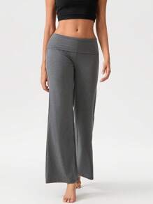 Women's Baggy Pants Foldover Waist Solid Color Loose Wide Leg Pants - Màu xám đen - Xem 4