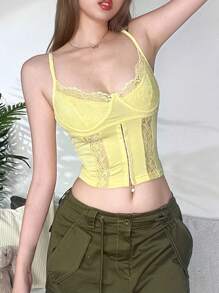 Women Lace Trim Corset Tank Top Y2K Lace Floral Spaghetti Strap Cami Crop Tops Sexy Backless Sleeveless Vests Shirts Summer Going Out Tops Streetwear - Màu vàng - Xem 6