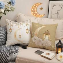 1 件/4 件斋月开斋节月亮和星星灯笼图案亚麻抱枕套，45x45 厘米，居家房间装饰，卧室，沙发（不含枕芯） - 彩色 - 查看 4