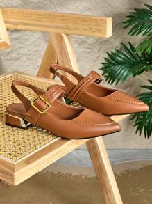 2025秋季女士尖头金属跟时尚套脚穆勒鞋无后跟乐福鞋套脚平底鞋 - 棕色 - 查看 6