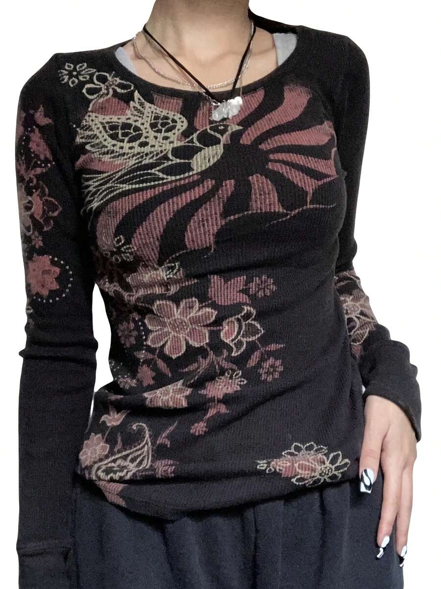 Women Basic Shirt Autumn Casual Vintage Print Long Sleeve Round Neck Tops Club Streetwear - 紅色 - 查看 1