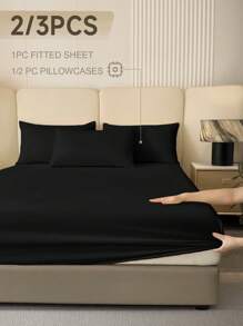 2/3pcs Solid Color Fitted Sheet Set, Bedding Set, Fitted Sheet Set, Bed Cover Set, Mattress Protector Set, Soft & Comfortable Bedroom Bedding, Deep Pocket Breathable Mattress Cover Set, Durable & Breathable Home Decor, Fits Various Bed Sizes - King, Queen, Double, Single, Includes 1/2 Pillowcase(S), Machine Washable - Black - View 2