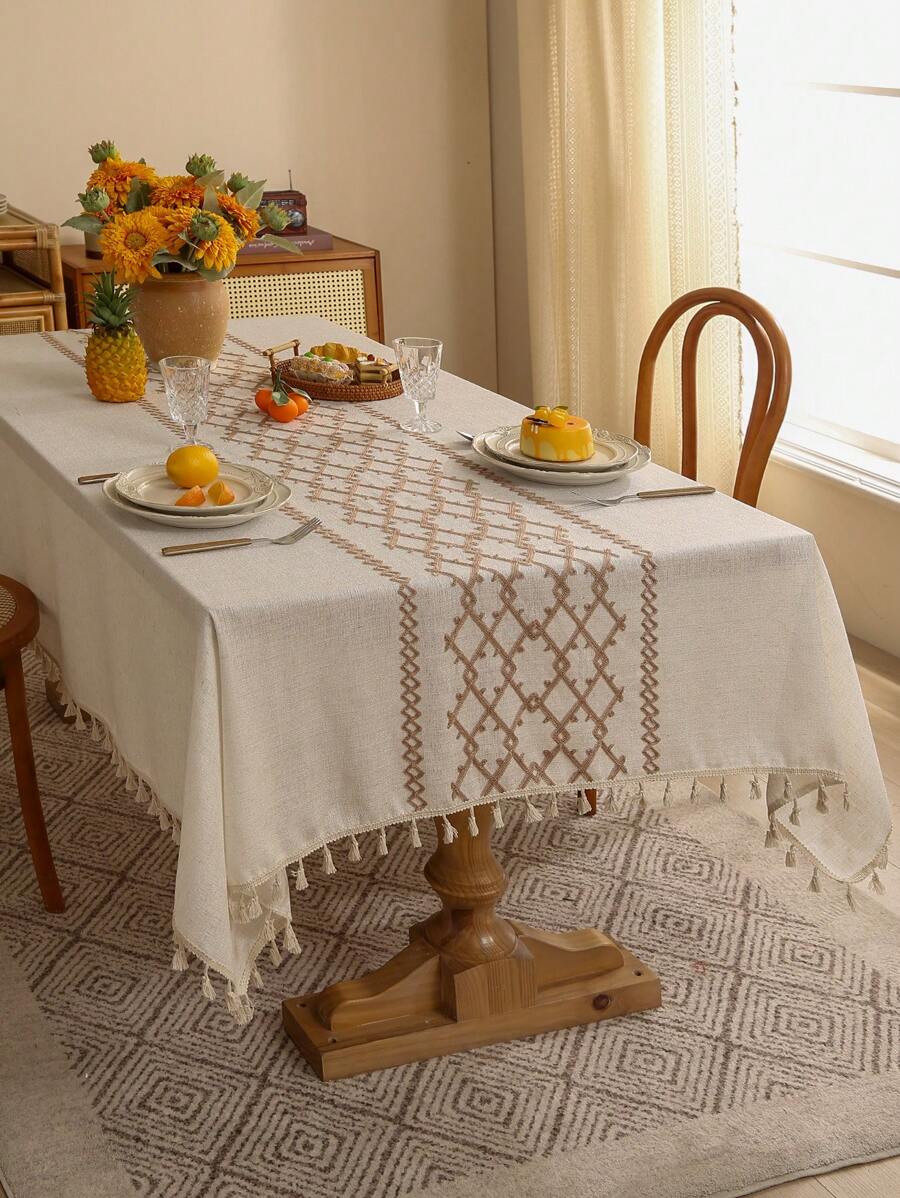 1 pieza Mantel de lino grueso bordado con borlas, Cubierta de mesa de comedor rectangular estilo bohemio con flecos, apto para fiestas, reuniones, cumpleaños, mesa de comedor, decoración del hogar - Caqui - Ver 1