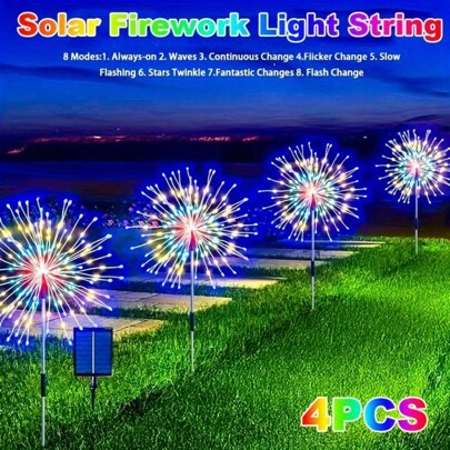 4pcs/1set 320LED 240 LED Solar Fireworks Lights Outdoor, Solar Garden Lights, 1 Pack Solar Fireworks Lights With 60/200 LED Starburst String Lights 8 Modes Fairy Lights, Shopping Mall, RV, Camping, Wedding Christmas, Lawn Backyard Party Garden Decoration