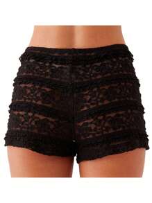 Women's Lace Shorts Slim Flower See Through Elastic Waist Mini Shorts For Summer Streetwear - màu đen - Xem 1