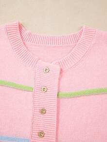 Acelitt Pink Rainbow Striped Off-Shoulder Loose Pullover Sweater - Pink - View 7