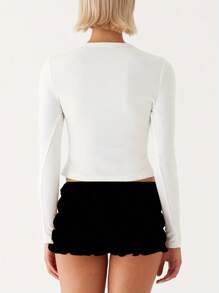 Women Crop Tops Summer Knit Ribbed Button Front Long Sleeve Shirt Streetwear 2025 Clothes - White - View 3