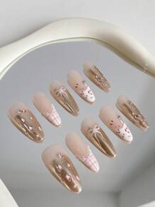 10 pièces/Set Ongles de la Saint-Valentin Manucure longue en forme d'amande faite main avec nœud à carreaux français, léopard, aurore, décoration de strass et de perle. Léger et luxueux. Convient pour les fêtes, les mariages et l'usage quotidien. Livré avec 1 flacon de gel gelée et 1 tampon à ongles