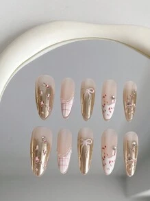 10 pièces/Set Ongles de la Saint-Valentin Manucure longue en forme d'amande faite main avec nœud à carreaux français, léopard, aurore, décoration de strass et de perle. Léger et luxueux. Convient pour les fêtes, les mariages et l'usage quotidien. Livré avec 1 flacon de gel gelée et 1 tampon à ongles